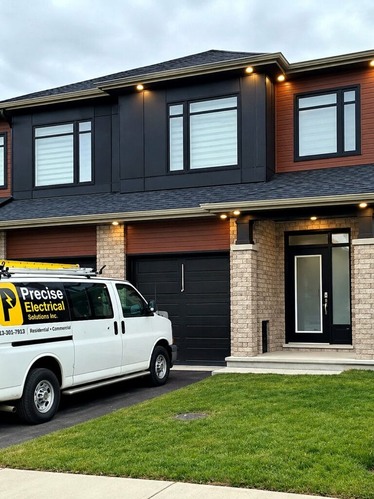 Exterior pot lights on a new Ottawa home, with the Precise Electrical van